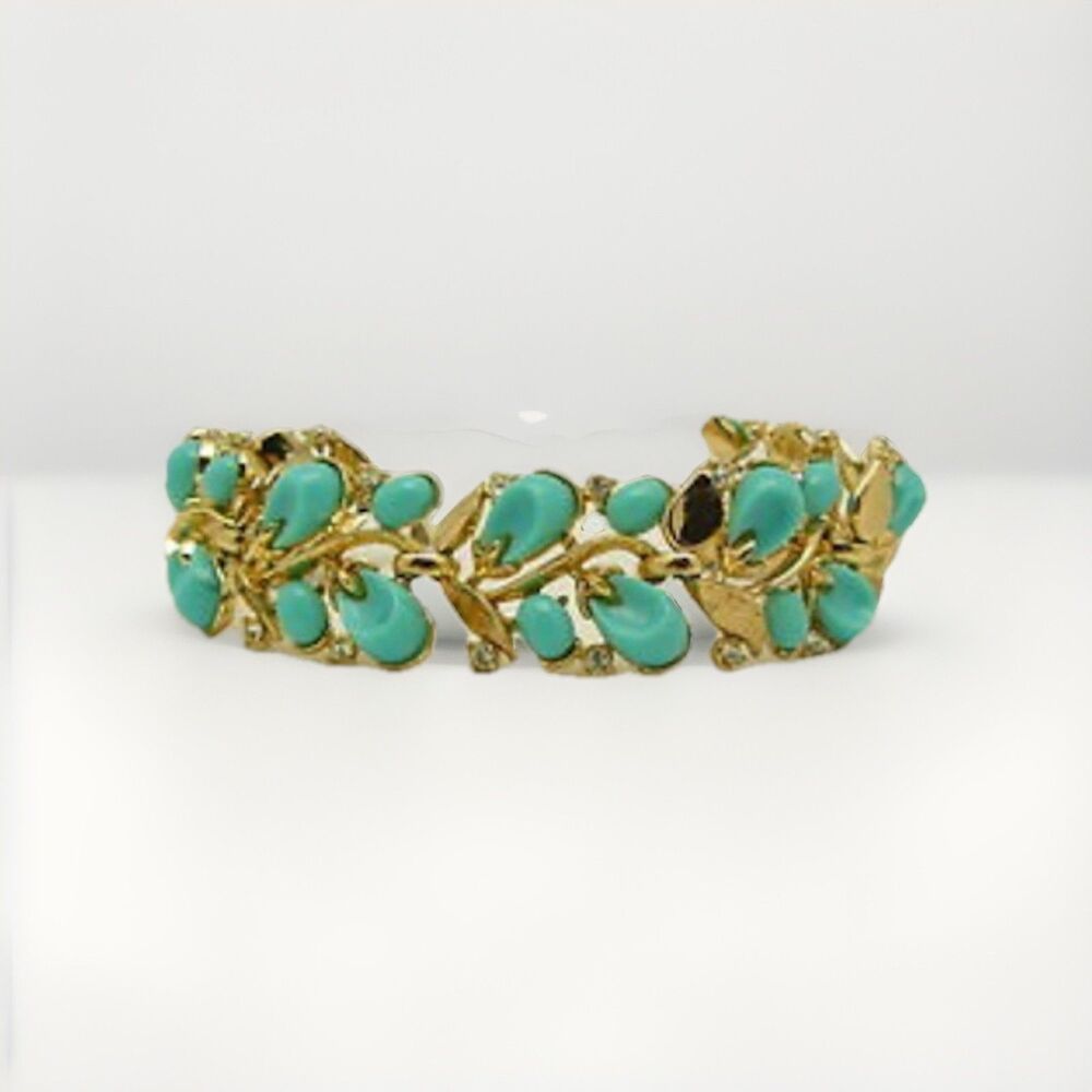 Vtg Crown Trifari 1956 Turquoise Lucite Pebble Beach Gold Plated Bracelet SIGNED